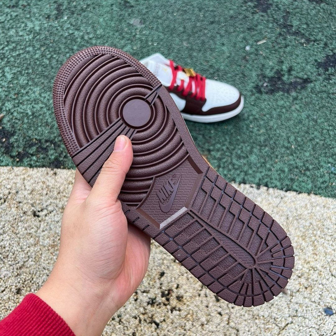 Air Jordan 1 Low OG Year of the Dragon Women's Sail White Chocolate Brown Red Laces Pony Hair Animal Print Embossed Swoosh Gold Deubré Sneakers FN0746-100