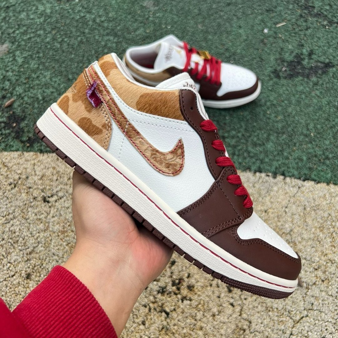 Air Jordan 1 Low OG Year of the Dragon Women's Sail White Chocolate Brown Red Laces Pony Hair Animal Print Embossed Swoosh Gold Deubré Sneakers FN0746-100