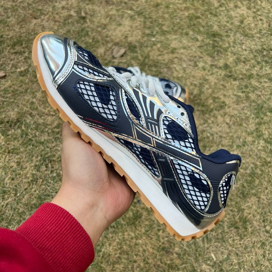 Bottega Veneta Orbit Sneakers Cobalt Silver Metallic Mesh Y2K Chunky Trainers