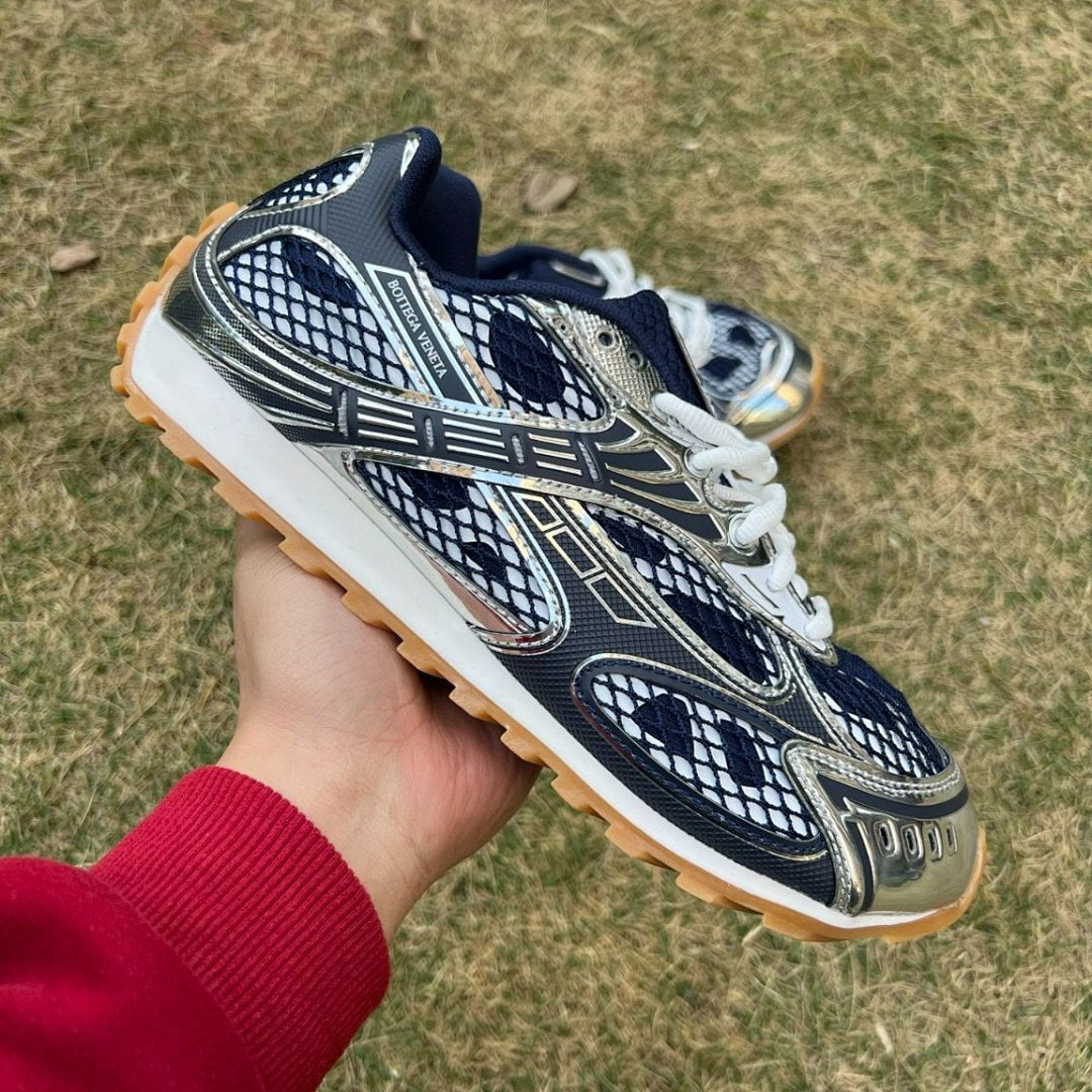 Bottega Veneta Orbit Sneakers Cobalt Silver Metallic Mesh Y2K Chunky Trainers