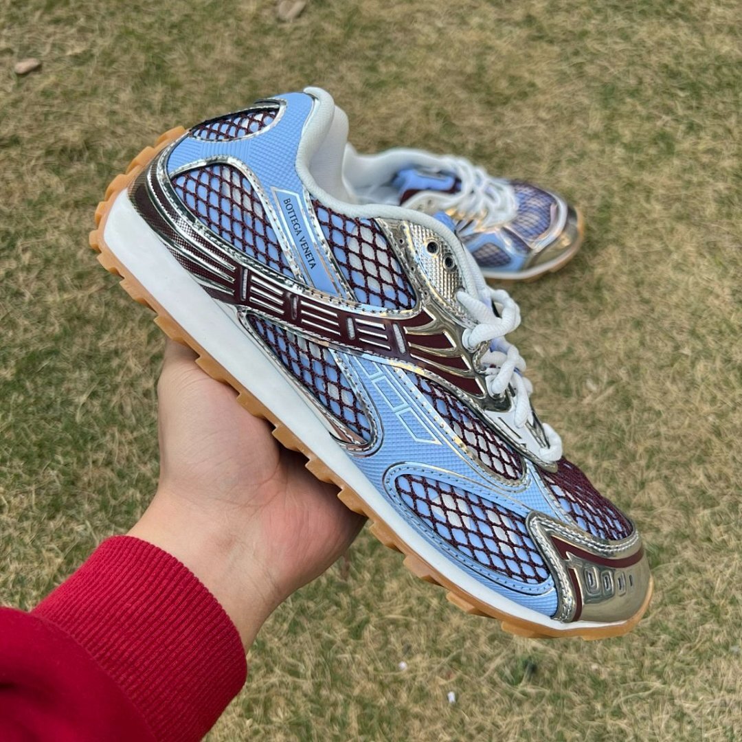 Bottega Veneta Orbit Sneakers Periwinkle Light Blue Silver Metallic Mesh Trainers 765410 V2P50 4914