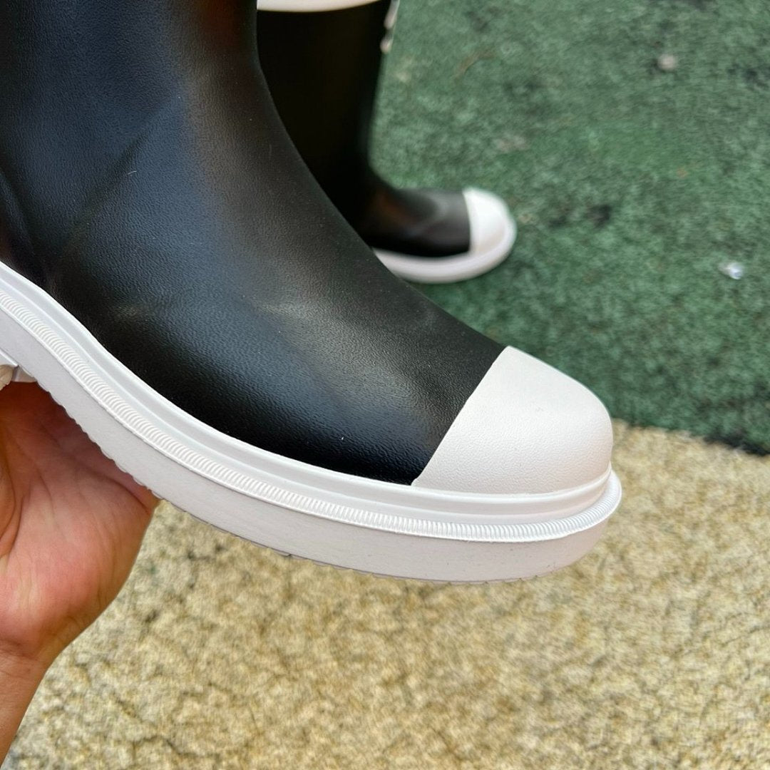 Chanel Black Rubber Rain Boots White Cap Toe CC Logo