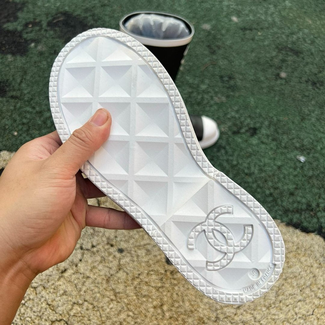 Chanel Black Rubber Rain Boots White Cap Toe CC Logo