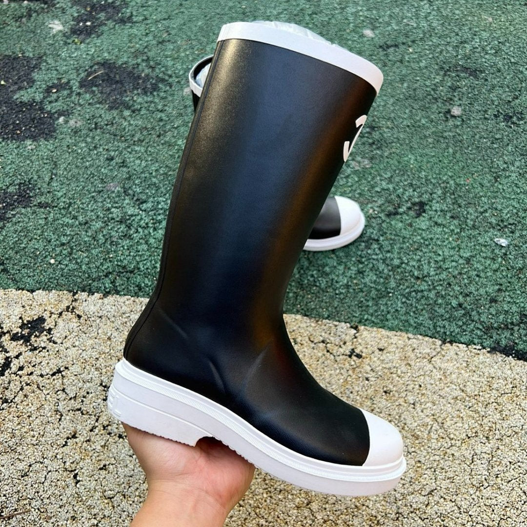 Chanel Black Rubber Rain Boots White Cap Toe CC Logo