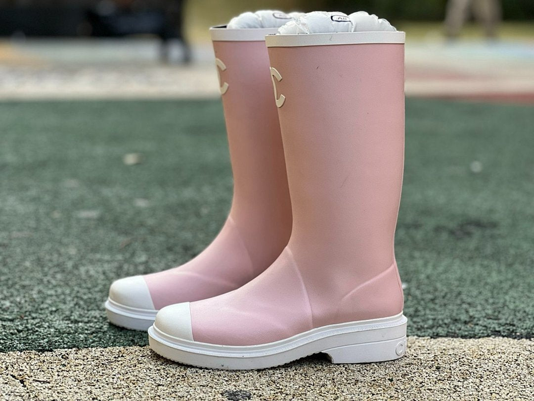 Chanel Pink Rubber Rain Boots G20147 White Toe Cap