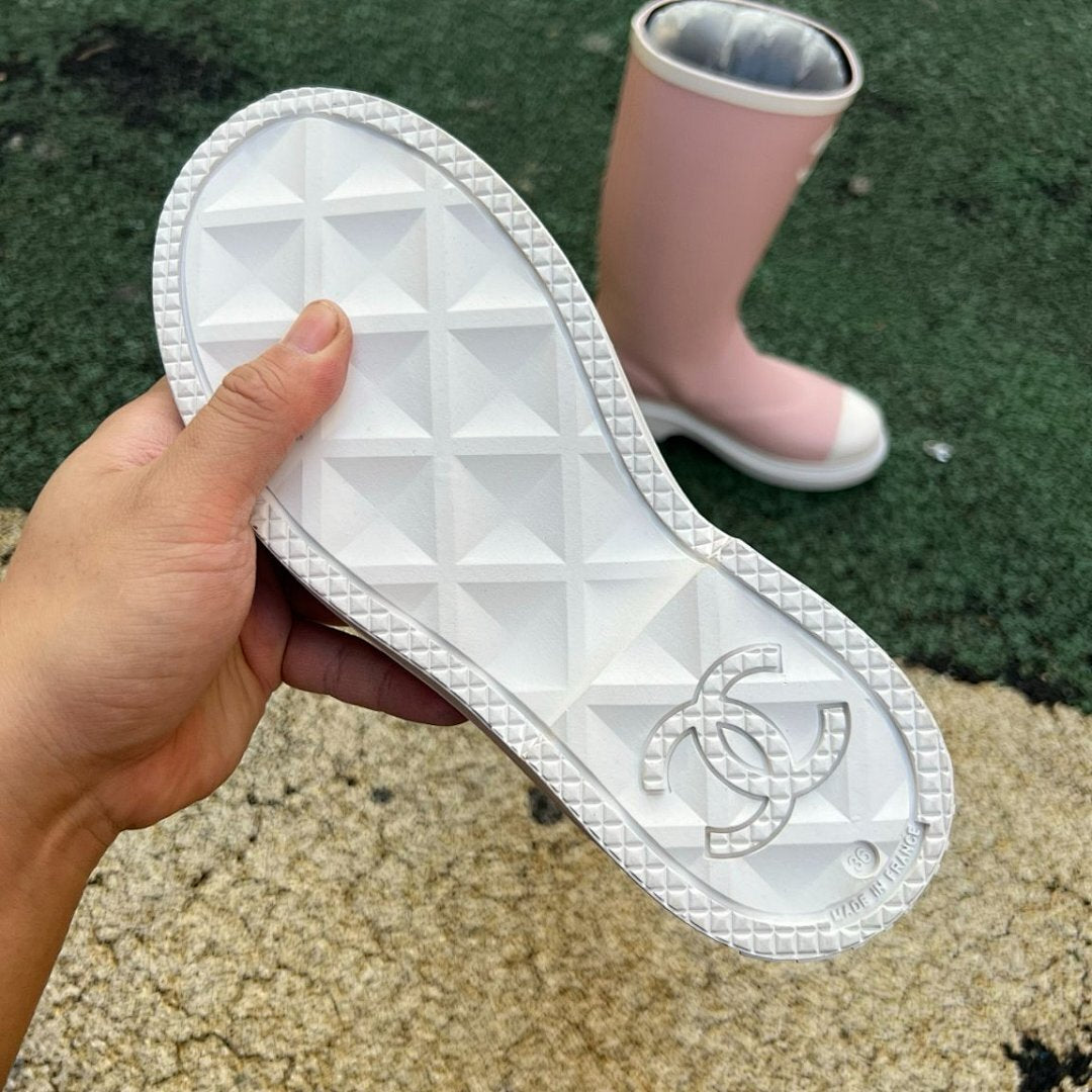 Chanel Pink Rubber Rain Boots G20147 White Toe Cap