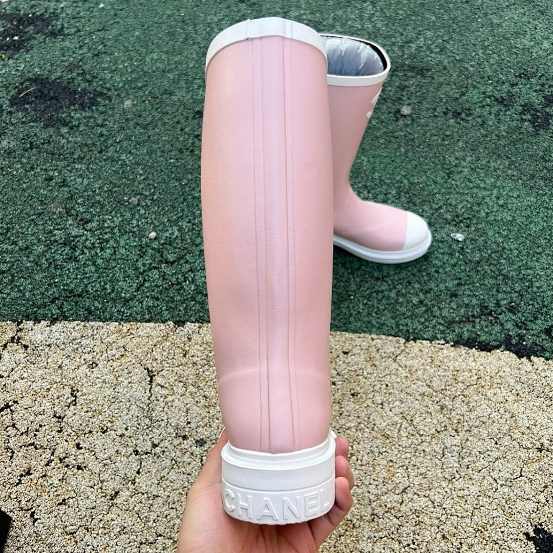 Chanel Pink Rubber Rain Boots G20147 White Toe Cap