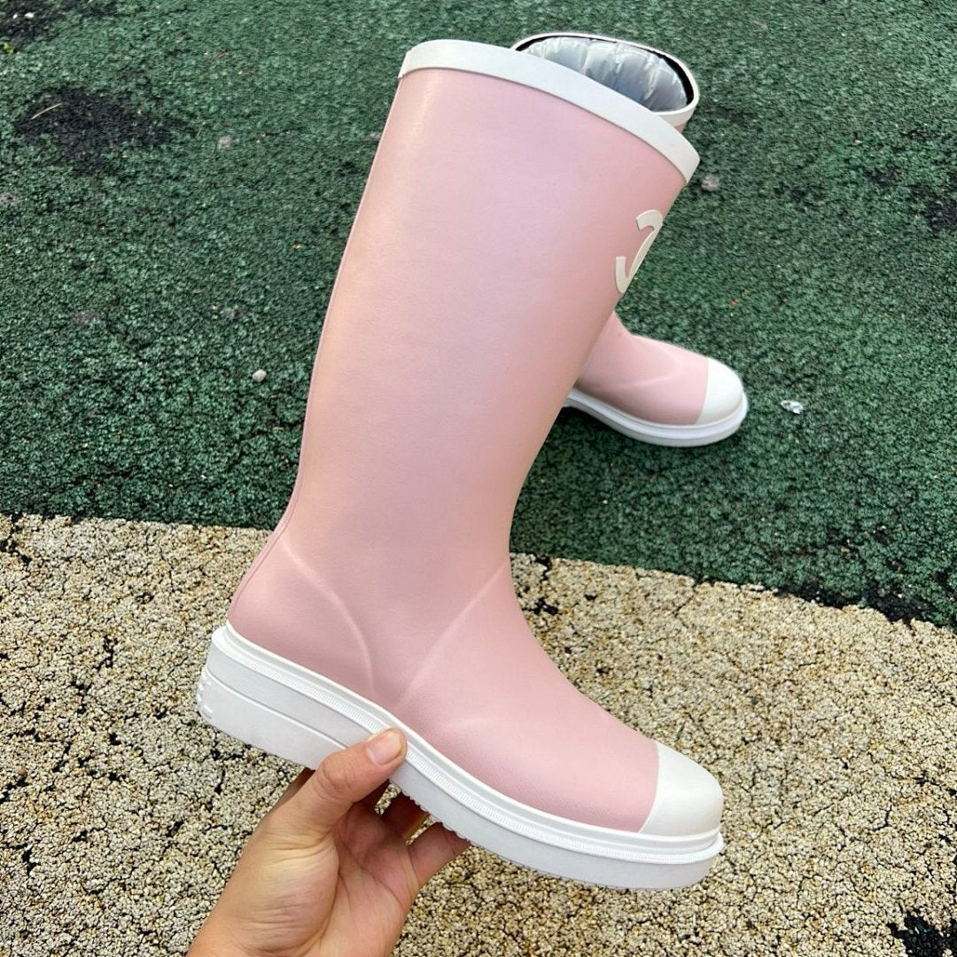Chanel Pink Rubber Rain Boots G20147 White Toe Cap