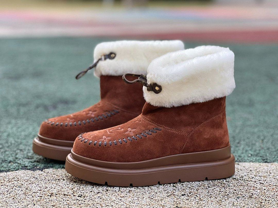 Louis Vuitton Pillow Comfort Ankle Boot Caramel Suede Shearling Monogram Fur Lined Winter Boots 1A8T3X