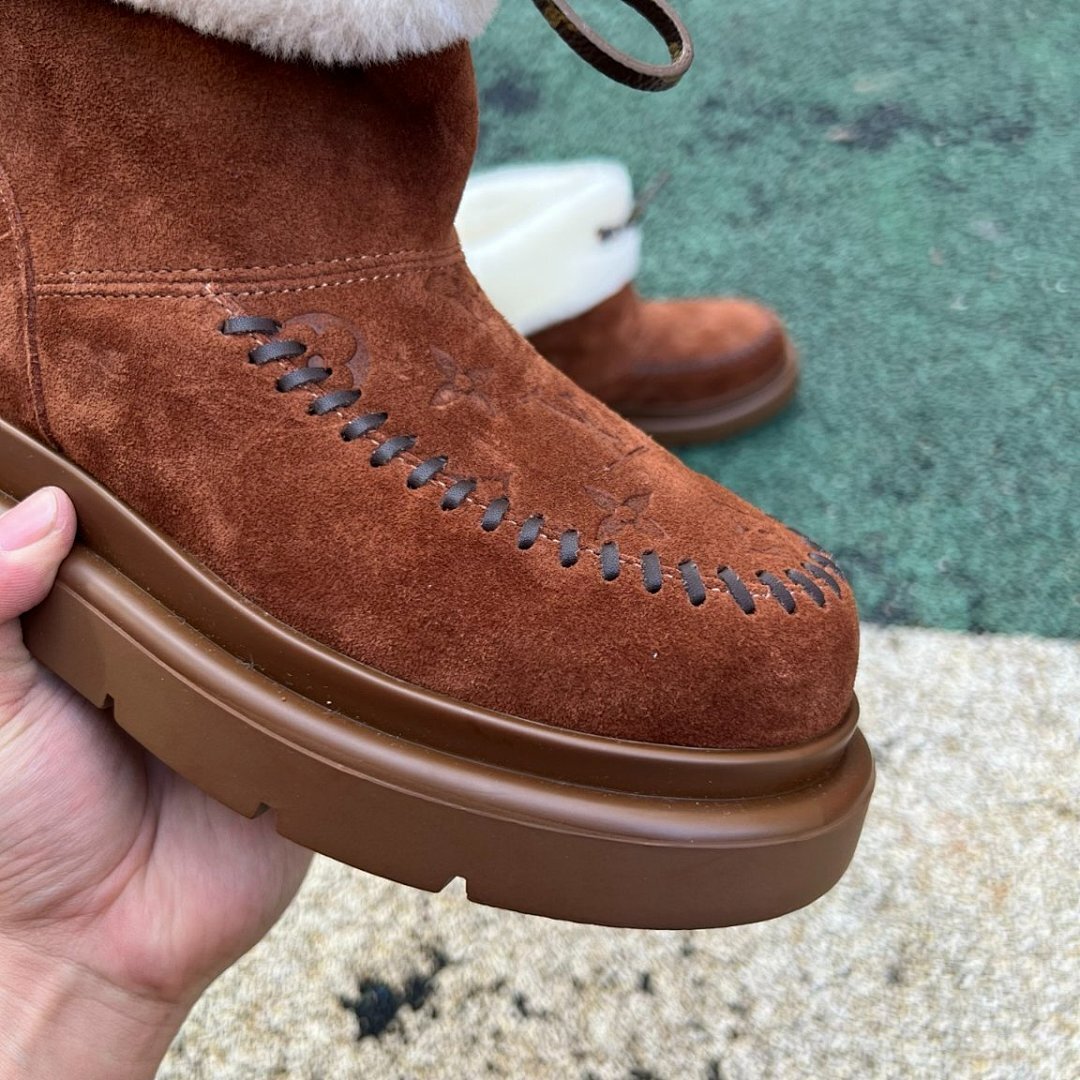 Louis Vuitton Pillow Comfort Ankle Boot Caramel Suede Shearling Monogram Fur Lined Winter Boots 1A8T3X