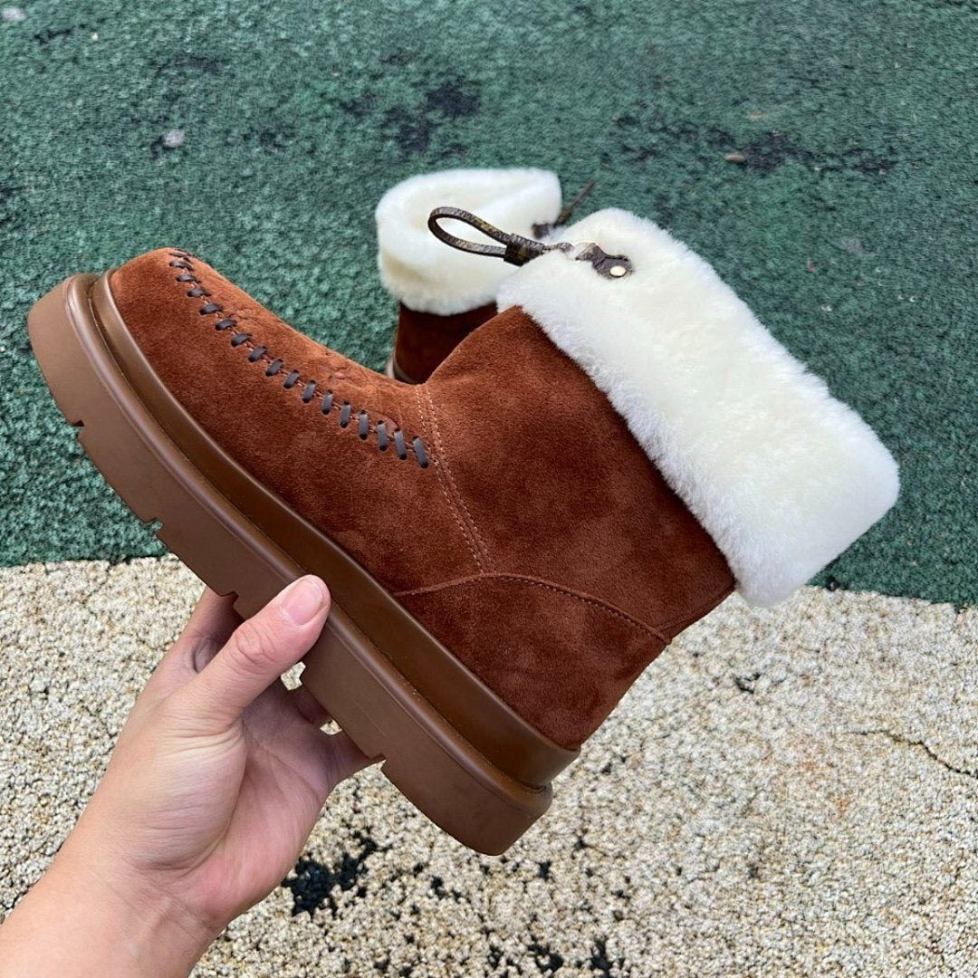 Louis Vuitton Pillow Comfort Ankle Boot Caramel Suede Shearling Monogram Fur Lined Winter Boots 1A8T3X
