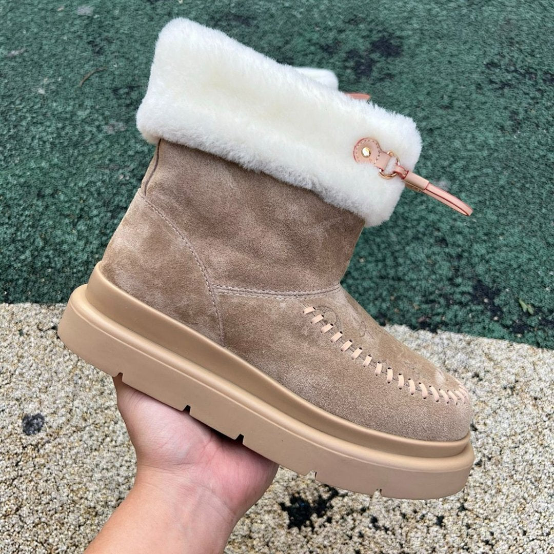 Louis Vuitton Women's Snowdrop Flat Boot Monogram Suede Shearling Fur-Lined Platform Winter Ankle Boots Brown Taupe