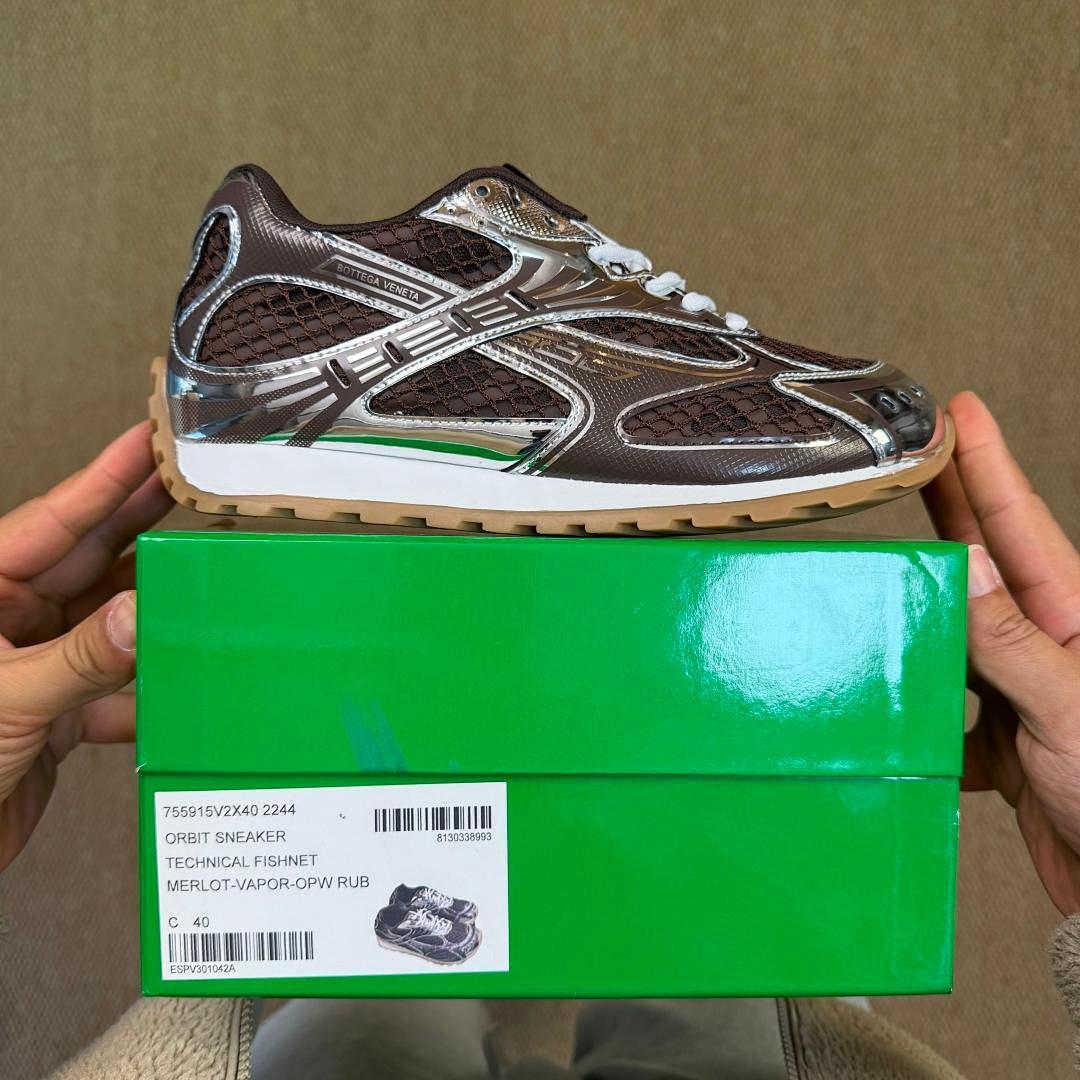 Bottega Veneta Orbit Metallic Mesh Runner Sneakers Silver Brown