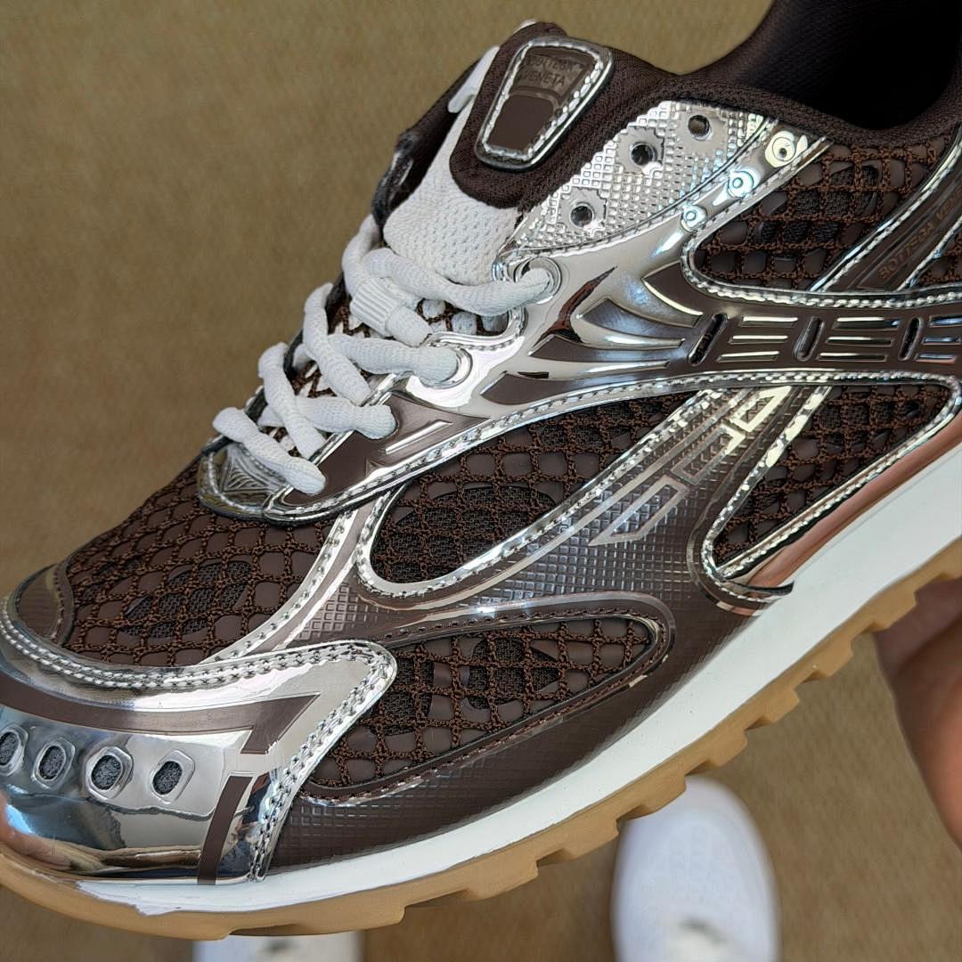 Bottega Veneta Orbit Metallic Mesh Runner Sneakers Silver Brown