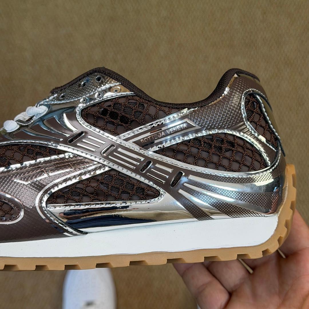Bottega Veneta Orbit Metallic Mesh Runner Sneakers Silver Brown