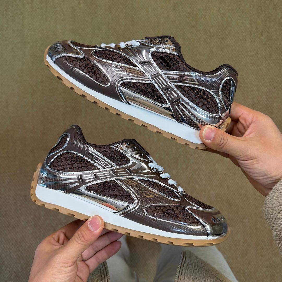 Bottega Veneta Orbit Metallic Mesh Runner Sneakers Silver Brown