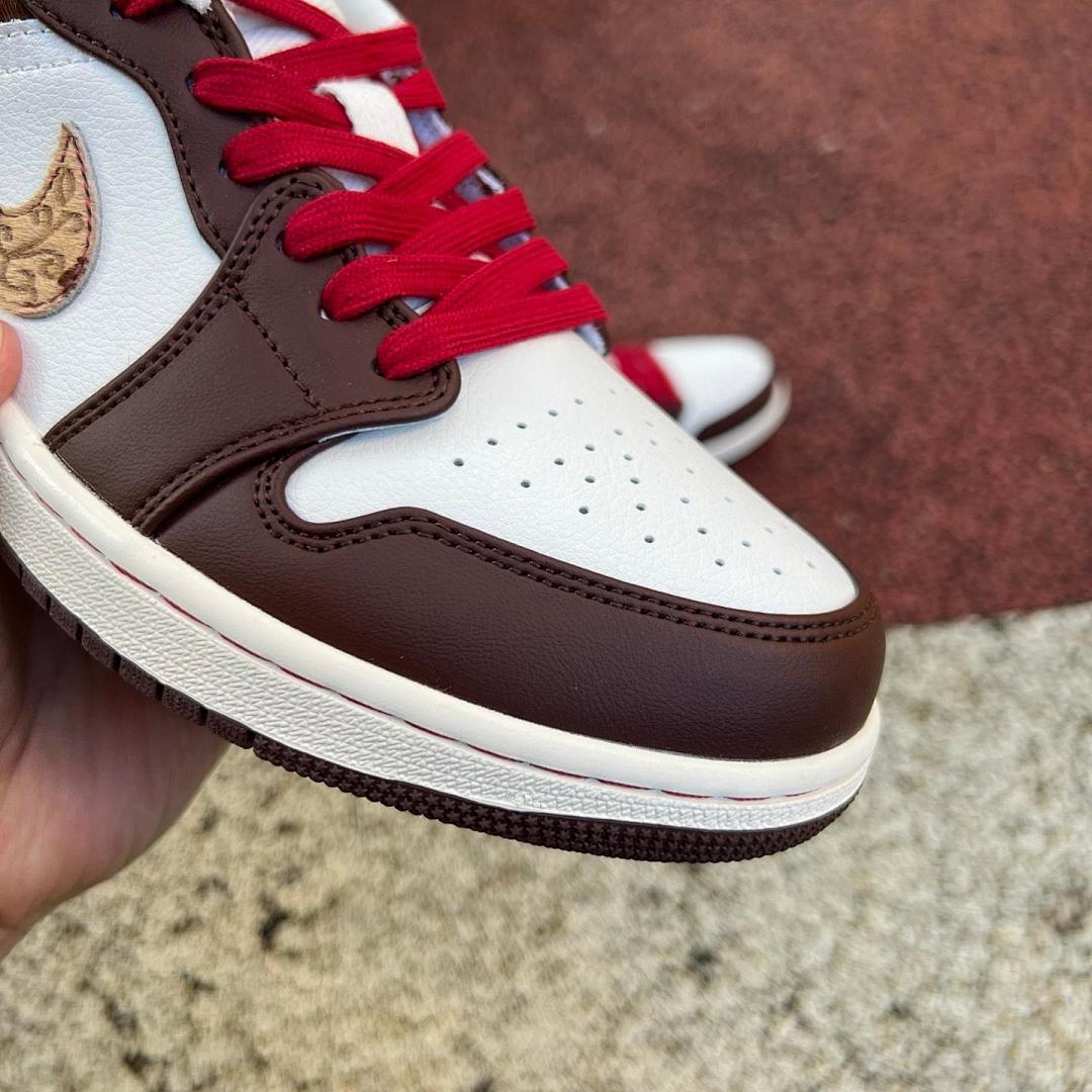 Air Jordan 1 Low Western Cowboy Cow Print Dark Mocha White Red Calf Hair Sneakers Men's Retro Casual Shoes