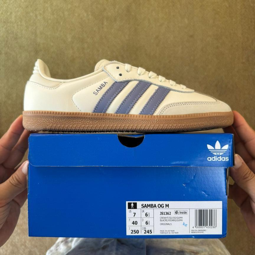 Adidas Originals Samba OG sneaker in the ecru and light blue colorway