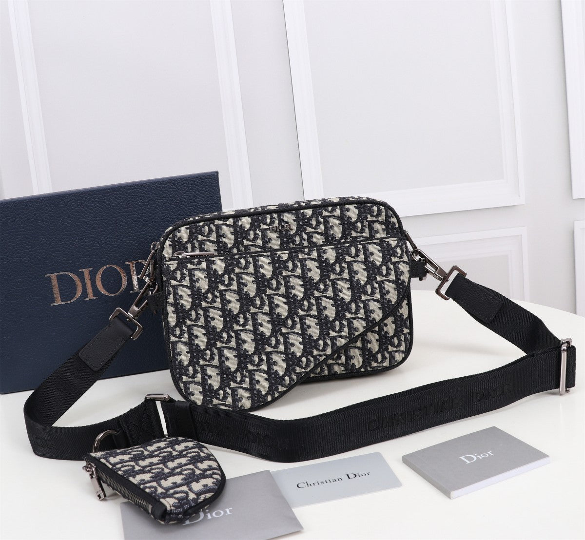 Dior Black Monogram Jacquard Messenger Bag with Saddle Flap and Strap Pouch