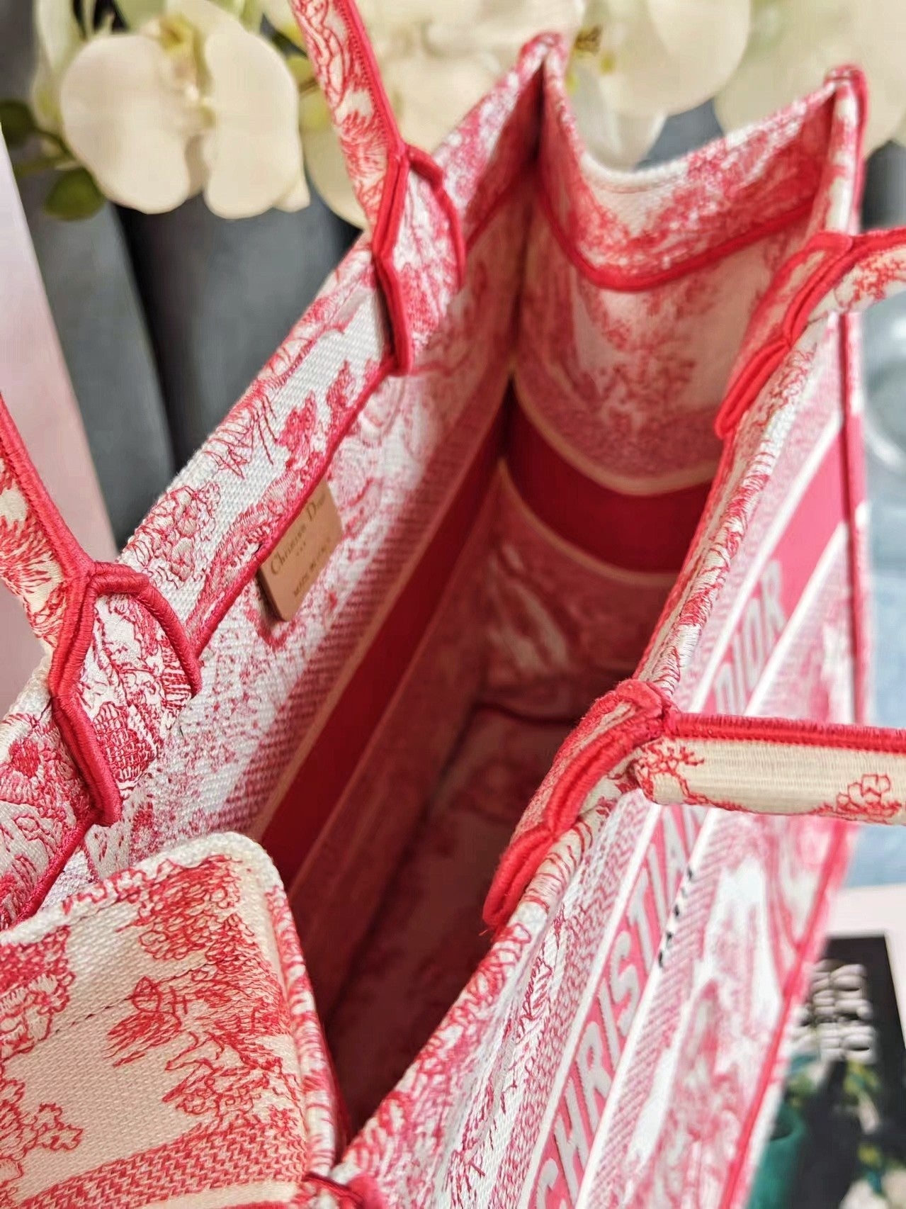 Dior Elegant Pink and White Toile de Jouy Embroidered Canvas Tote Bag