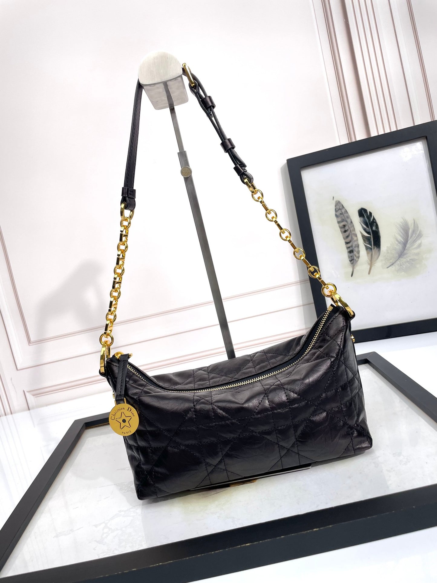 Dior Classic Black Quilted Leather Shoulder Bag with Gold Chain
