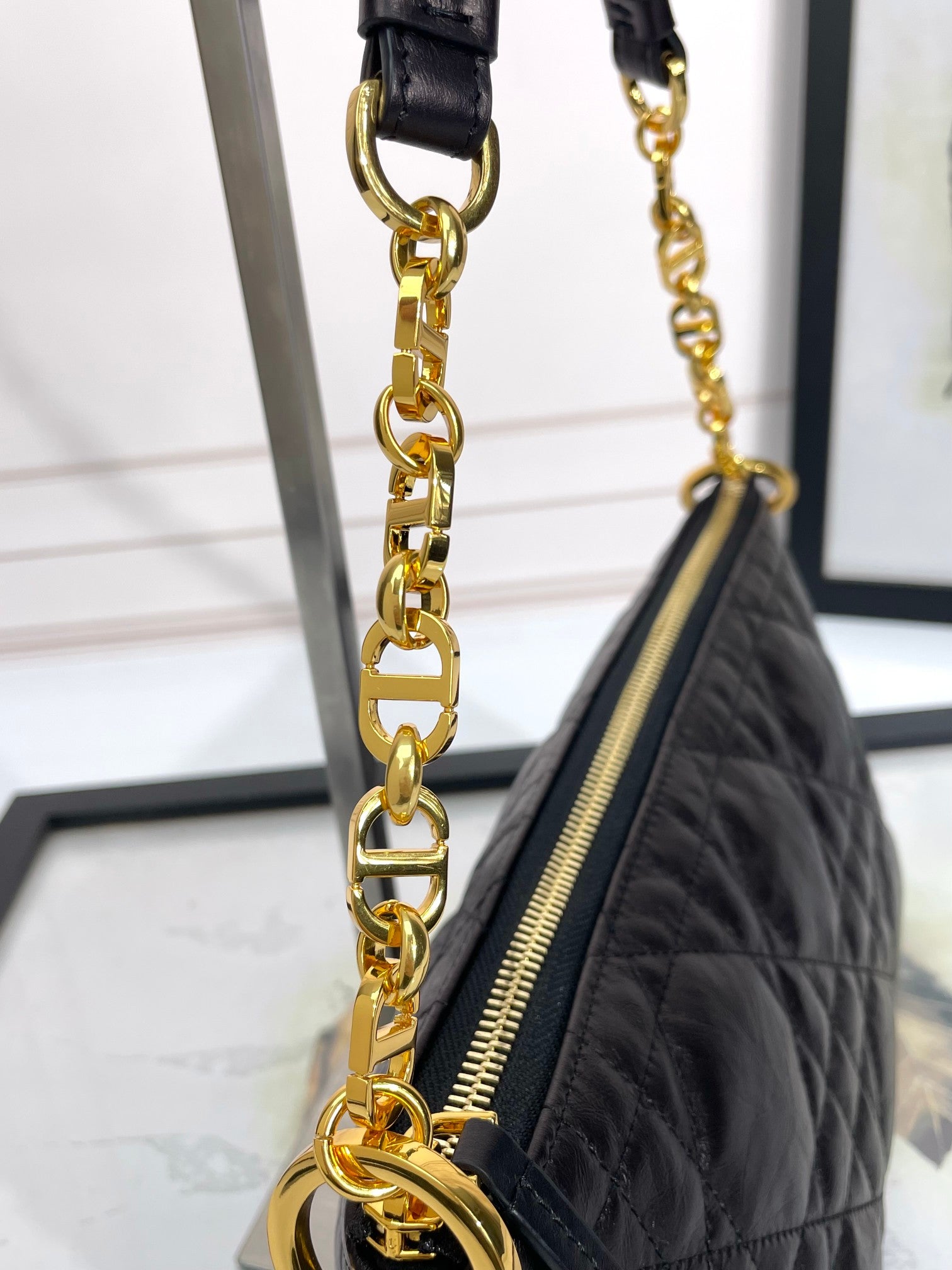 Dior Elegant Black Quilted Leather Shoulder Bag with Gold Chain