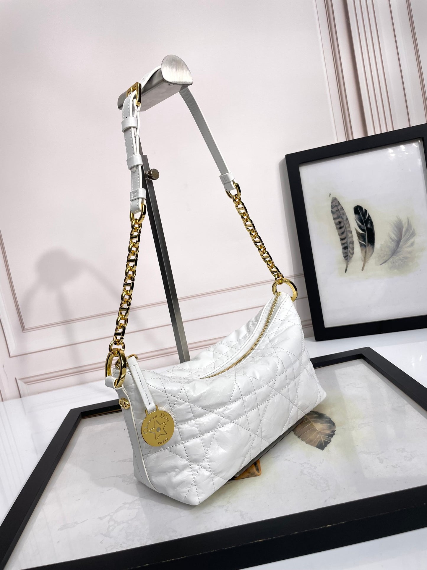 Dior White Quilted Leather Shoulder Bag with Gold Chain Strap