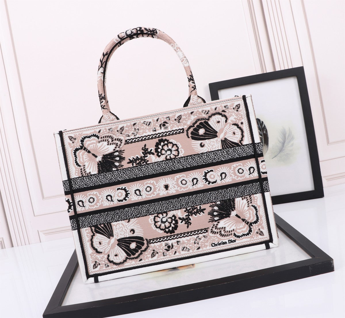 Dior Elegant Butterfly Floral Embroidered Canvas Top Handle Tote Bag