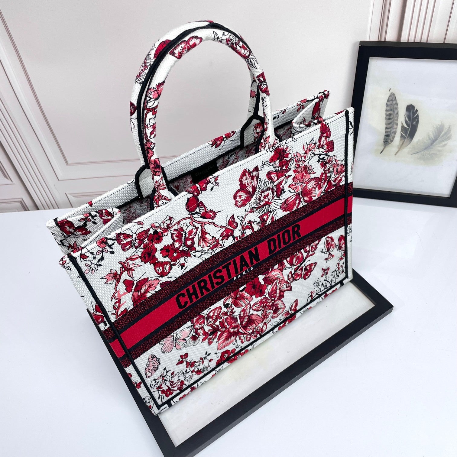 Dior Elegant Red and White Floral Butterfly Canvas Tote Handbag