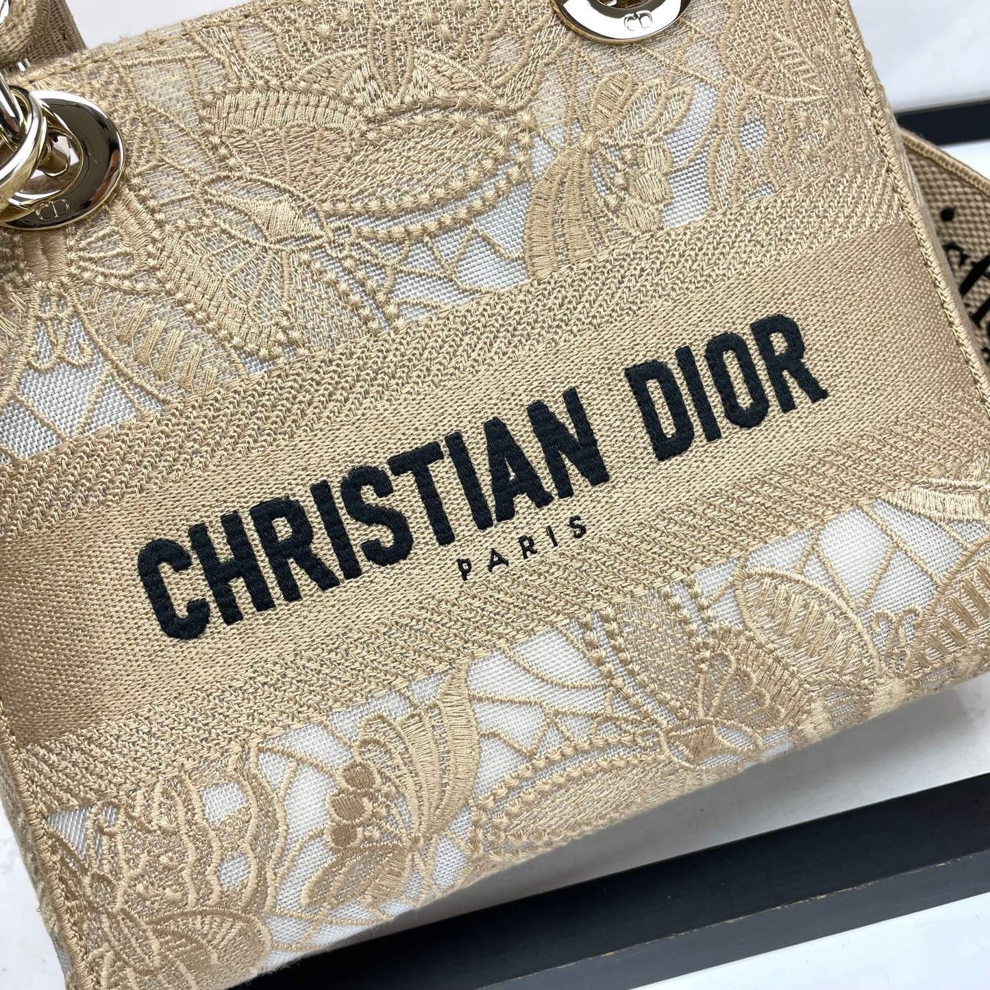 Dior Elegant Beige Embroidered Canvas Top Handle Handbag with Shoulder Strap