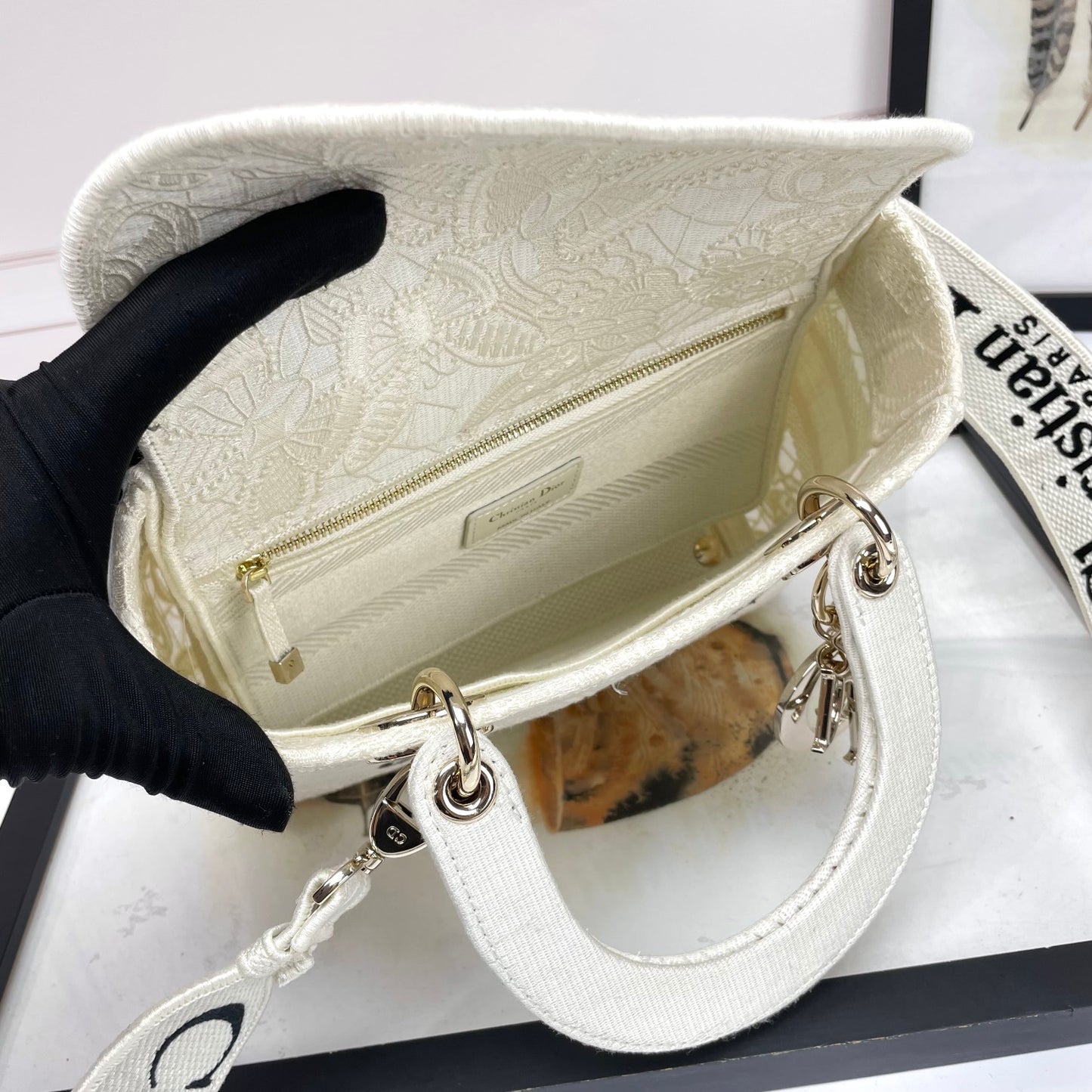 Dior Elegant White Embroidered Floral Canvas Top Handle Bag