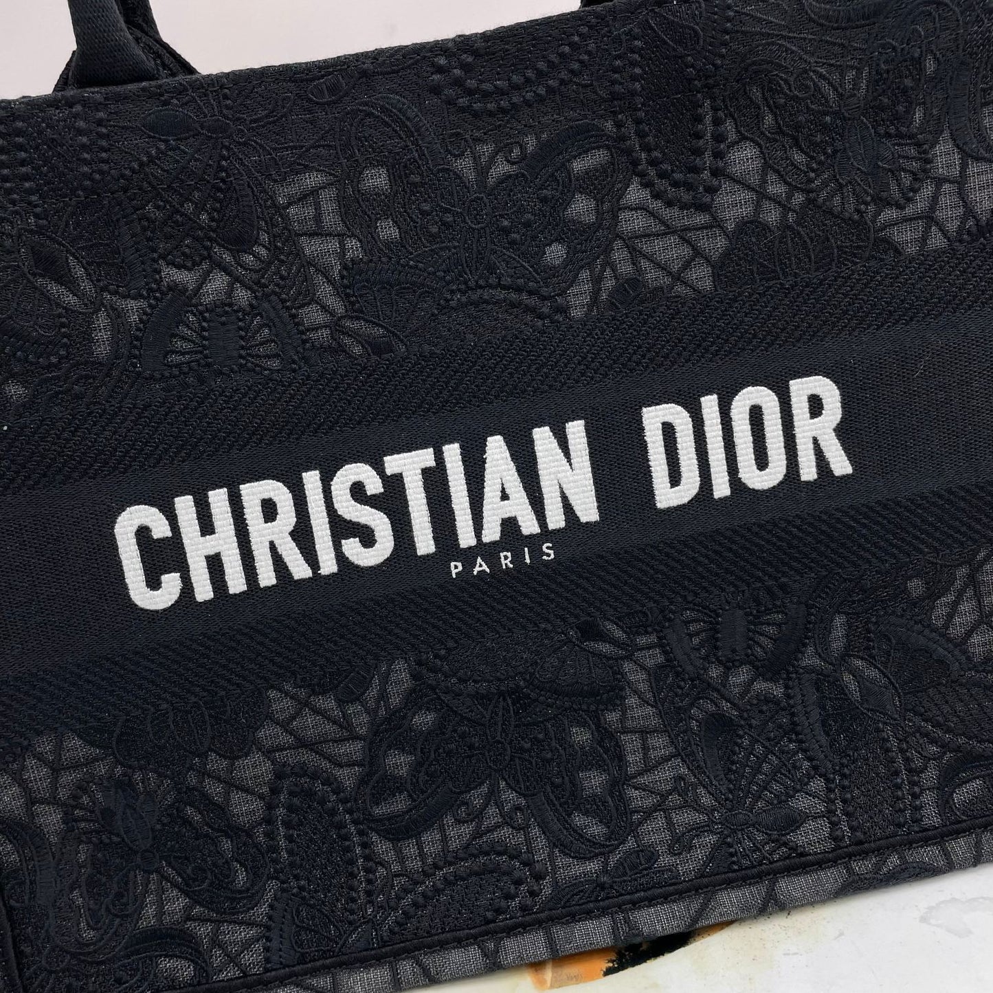 Dior Black Floral Lace Embroidered Canvas Tote Bag with Top Handles