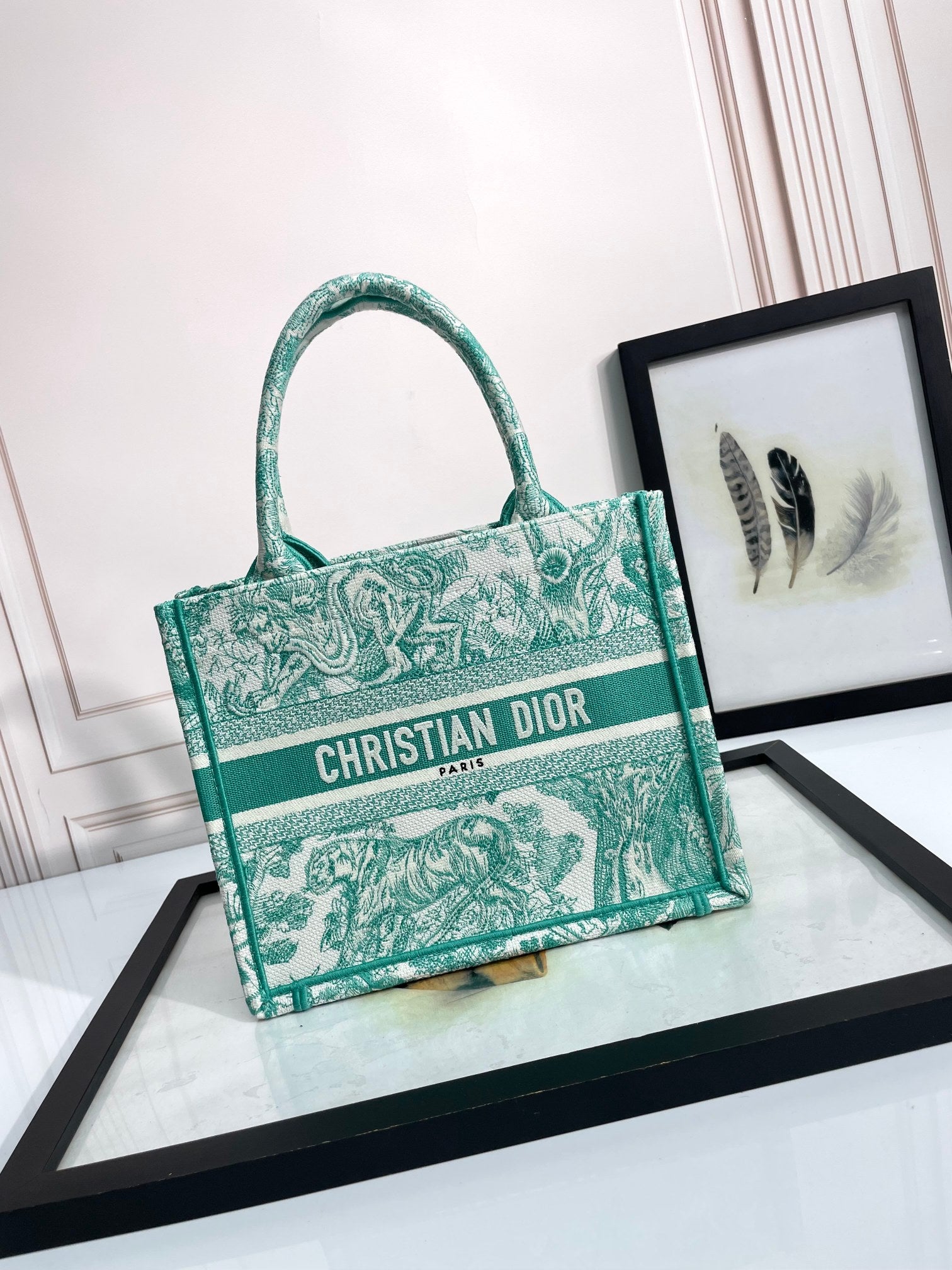 Dior Elegant Green Toile de Jouy Pattern Canvas Tote Bag for Women