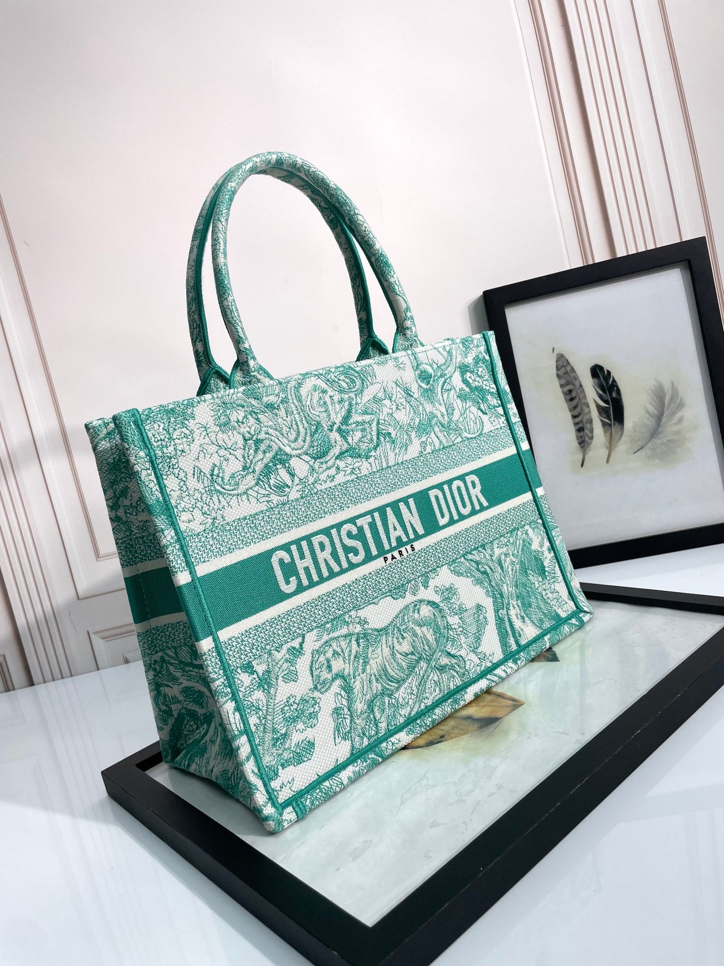 Dior Green Toile de Jouy Embroidered Canvas Top Handle Tote Bag