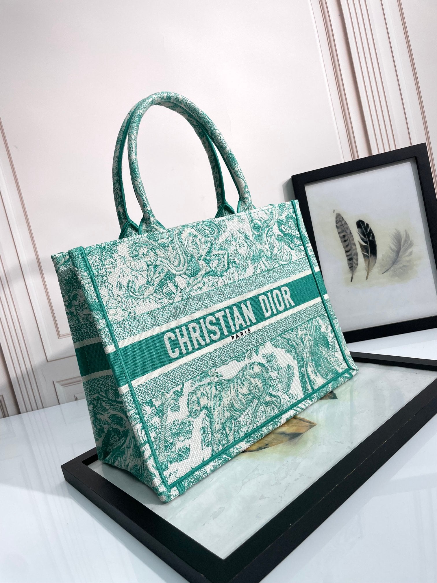 Dior Green Toile de Jouy Canvas Tote Bag Luxury Top Handle Handbag