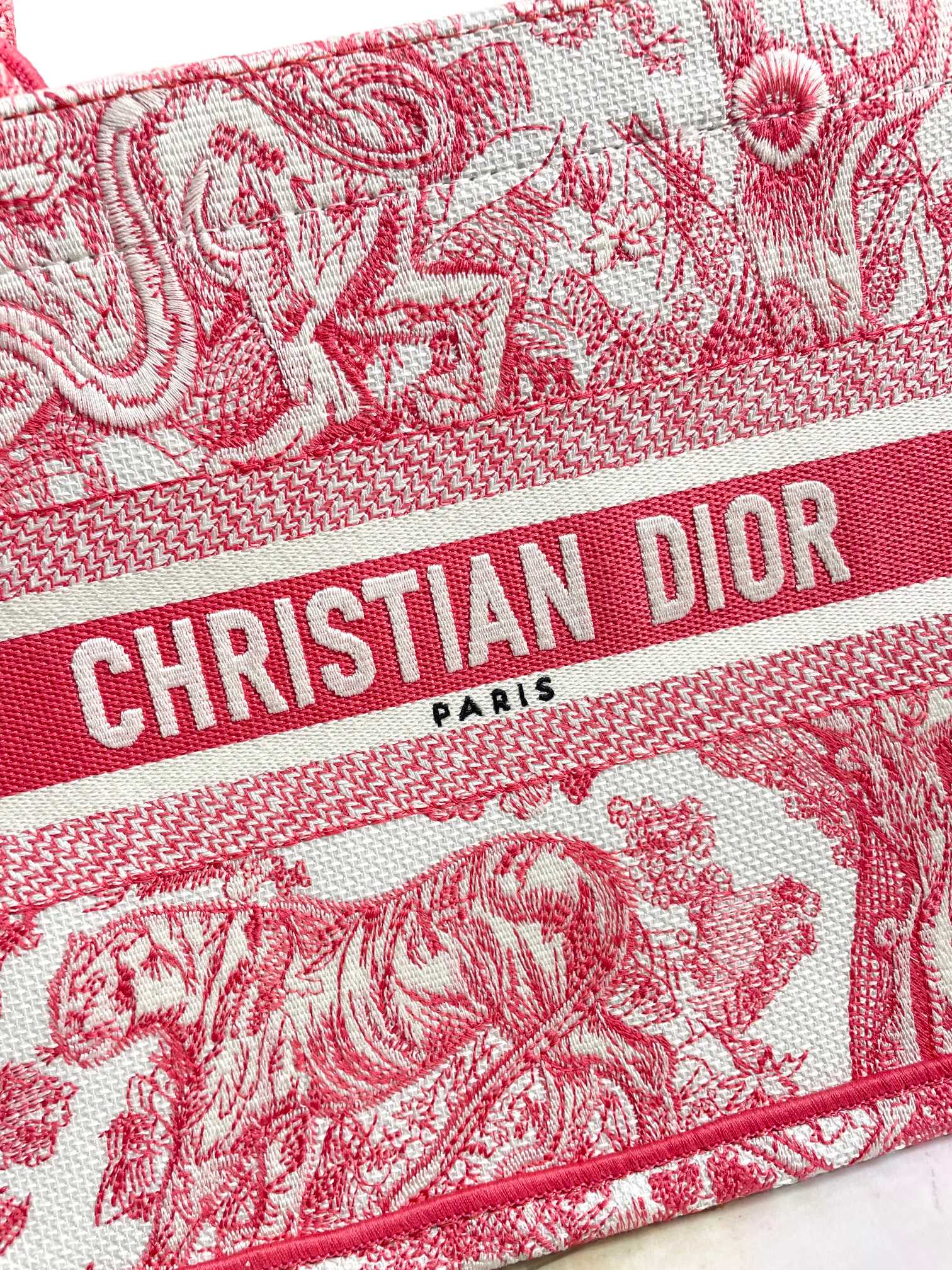 Dior Red and White Toile Embroidered Canvas Top Handle Tote Bag