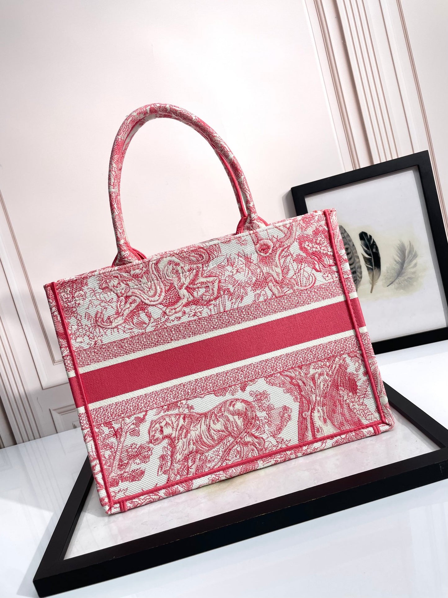 Dior Red and White Floral Toile Embroidered Canvas Tote Handbag