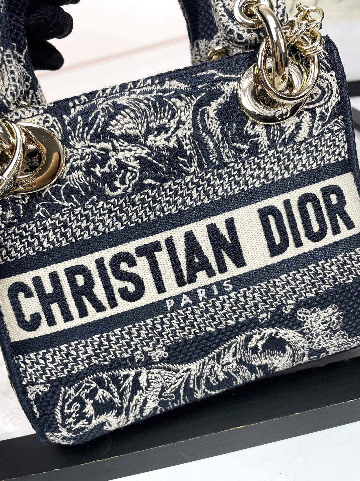 Dior Navy Blue Floral Embroidered Canvas Top Handle Handbag