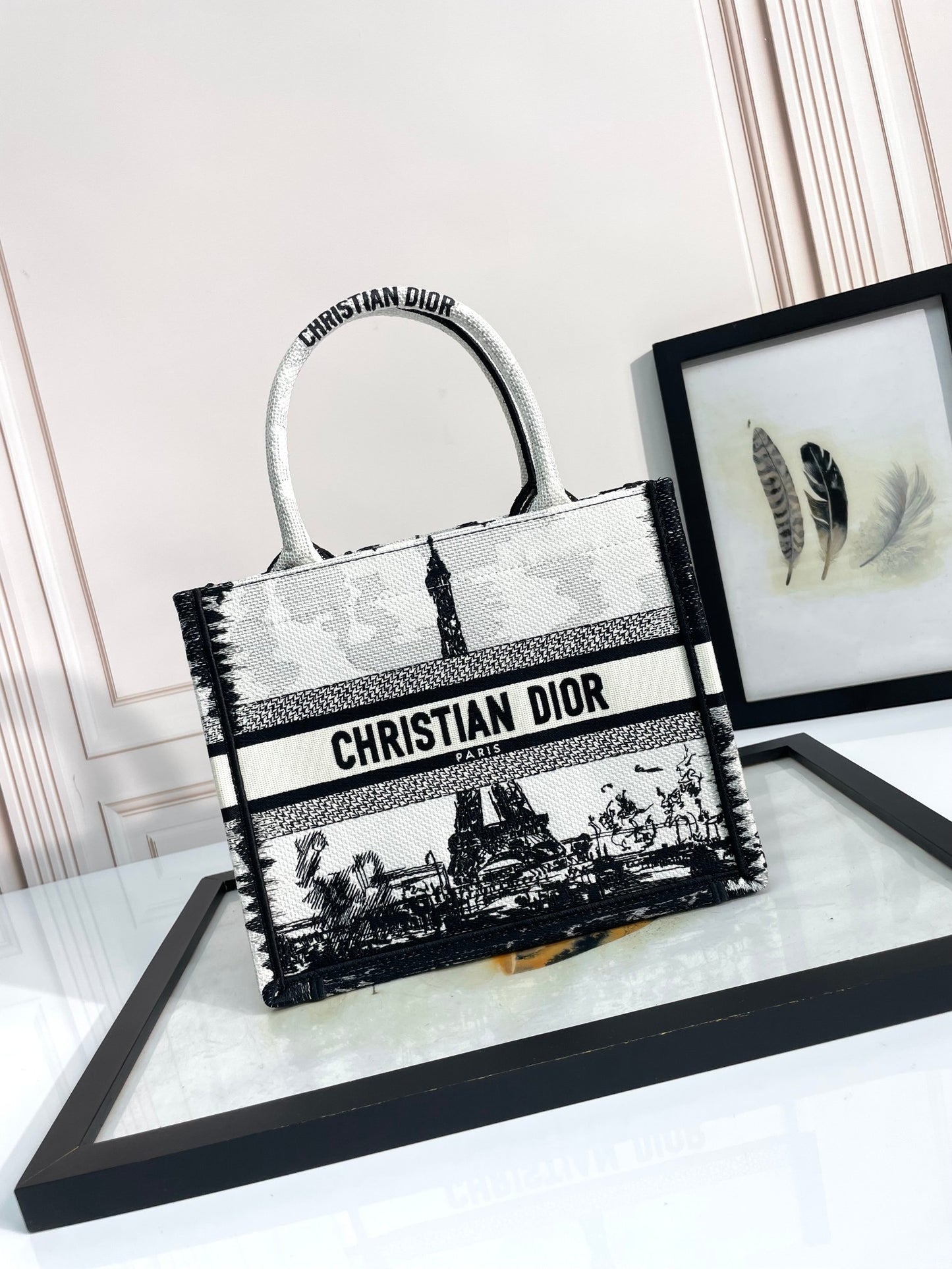 Dior Black and White Embroidered Canvas Paris Eiffel Tower Tote Bag