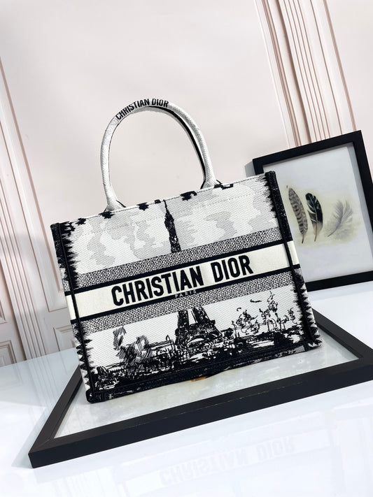 Dior Black and White Paris Eiffel Tower Woven Canvas Tote Bag