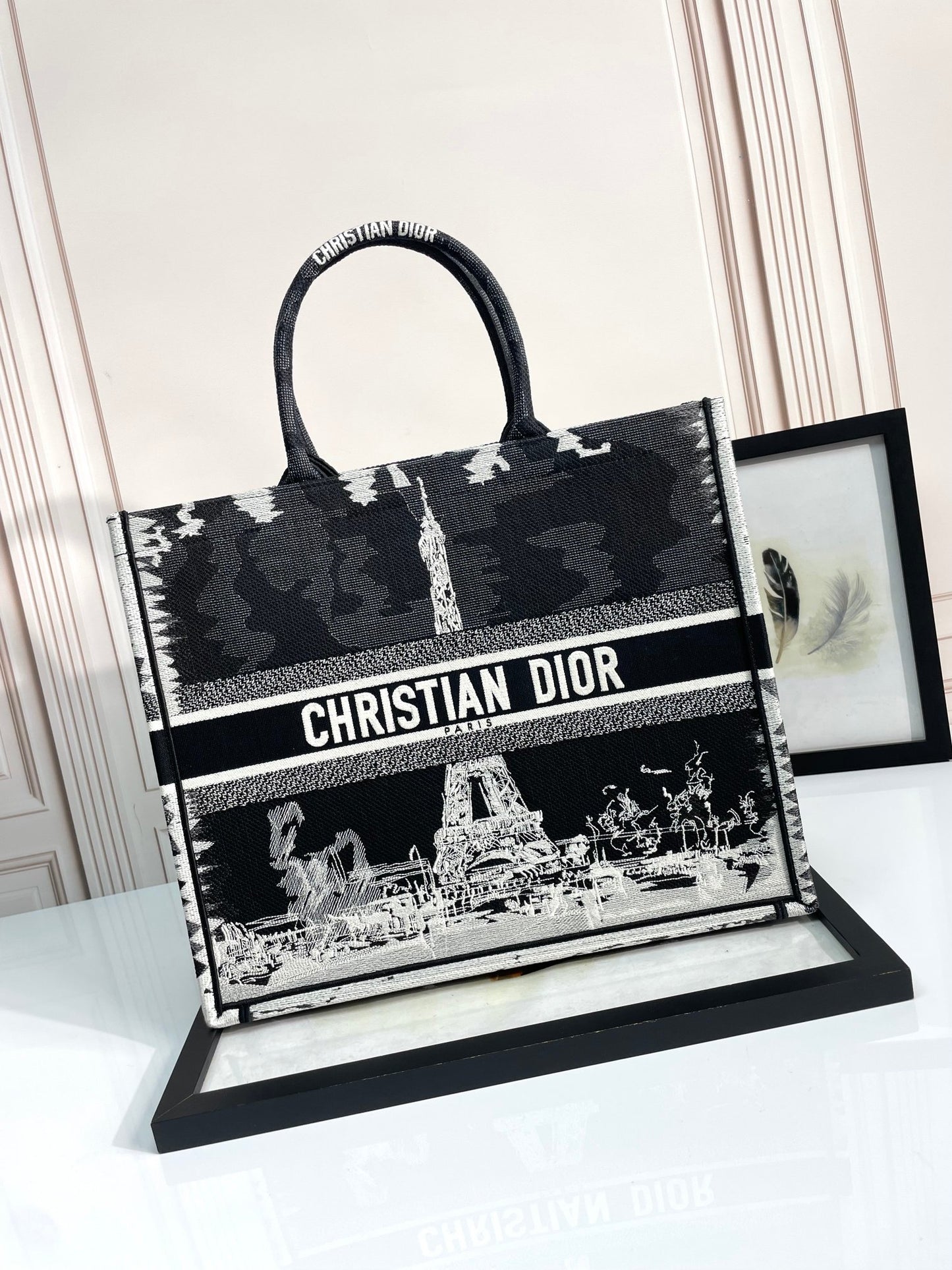 Dior Elegant Paris Eiffel Tower Embroidered Canvas Book Tote Handbag