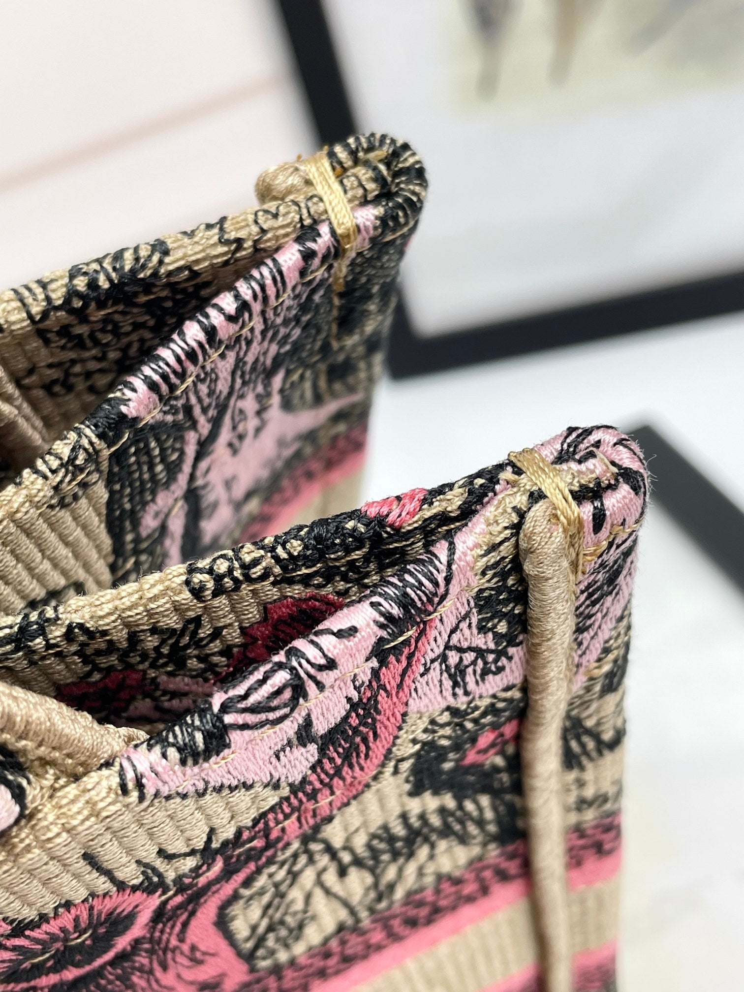 Dior Vintage Pink Tiger Embroidered Canvas Tote Bag with Handles