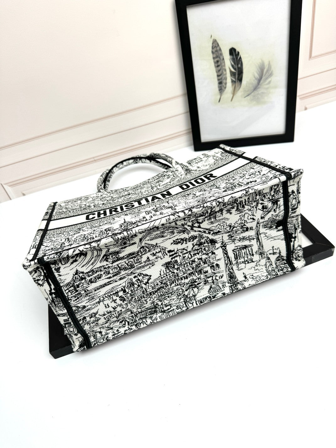Dior Black and White Toile Print Large Canvas Tote Shoulder Bag