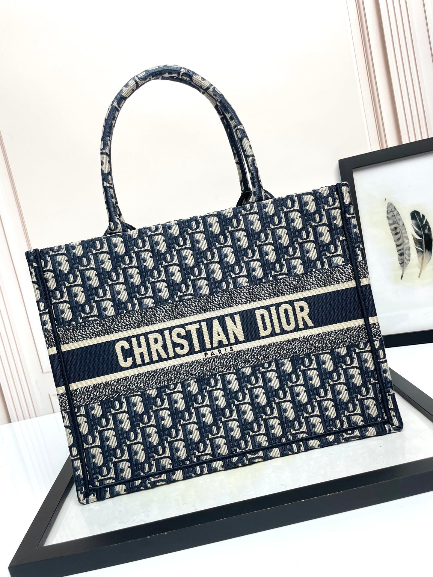 Dior Navy Blue Woven Monogram Canvas Tote Bag Large Travel Handbag
