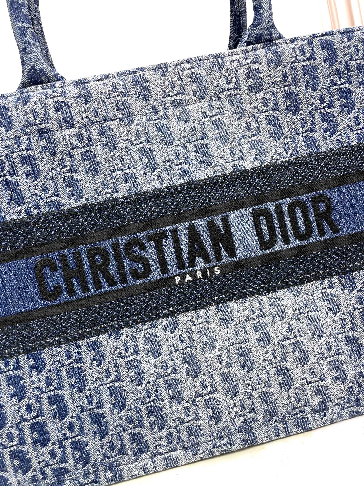 Dior Elegant Blue Monogram Canvas Tote Bag with Top Handles