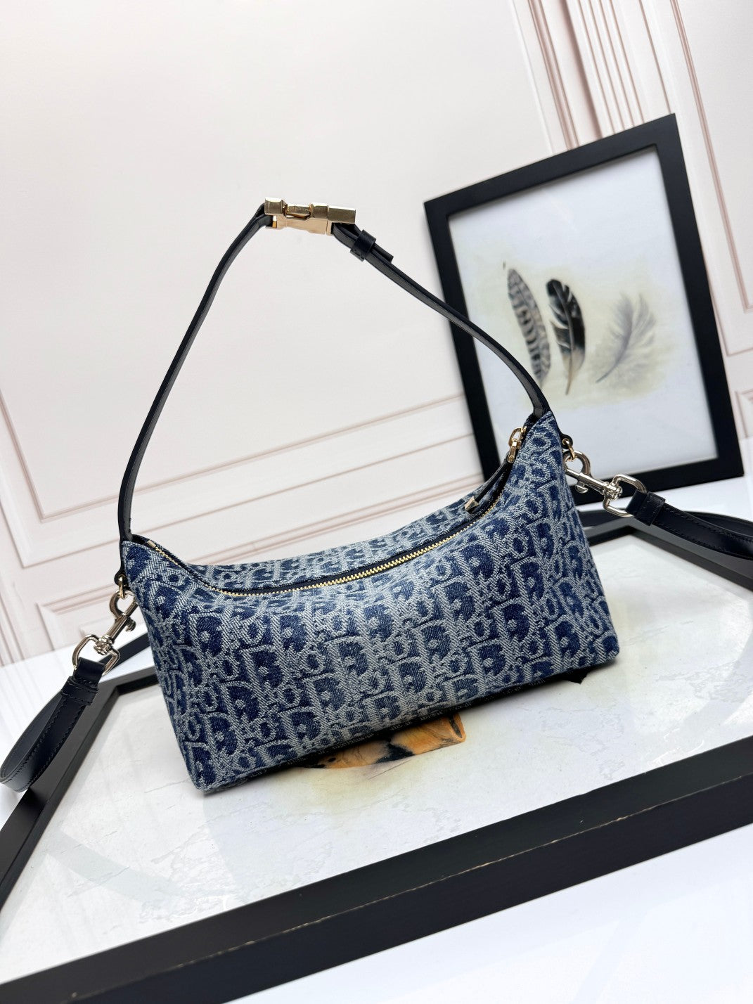 Dior Classic Blue Monogram Canvas Baguette Shoulder Bag with Strap
