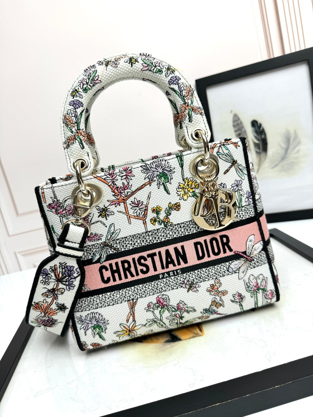 Christian Dior Lady D-Lite Medium Bag - Multicolor Floral Embroidery with Pink Signature Band