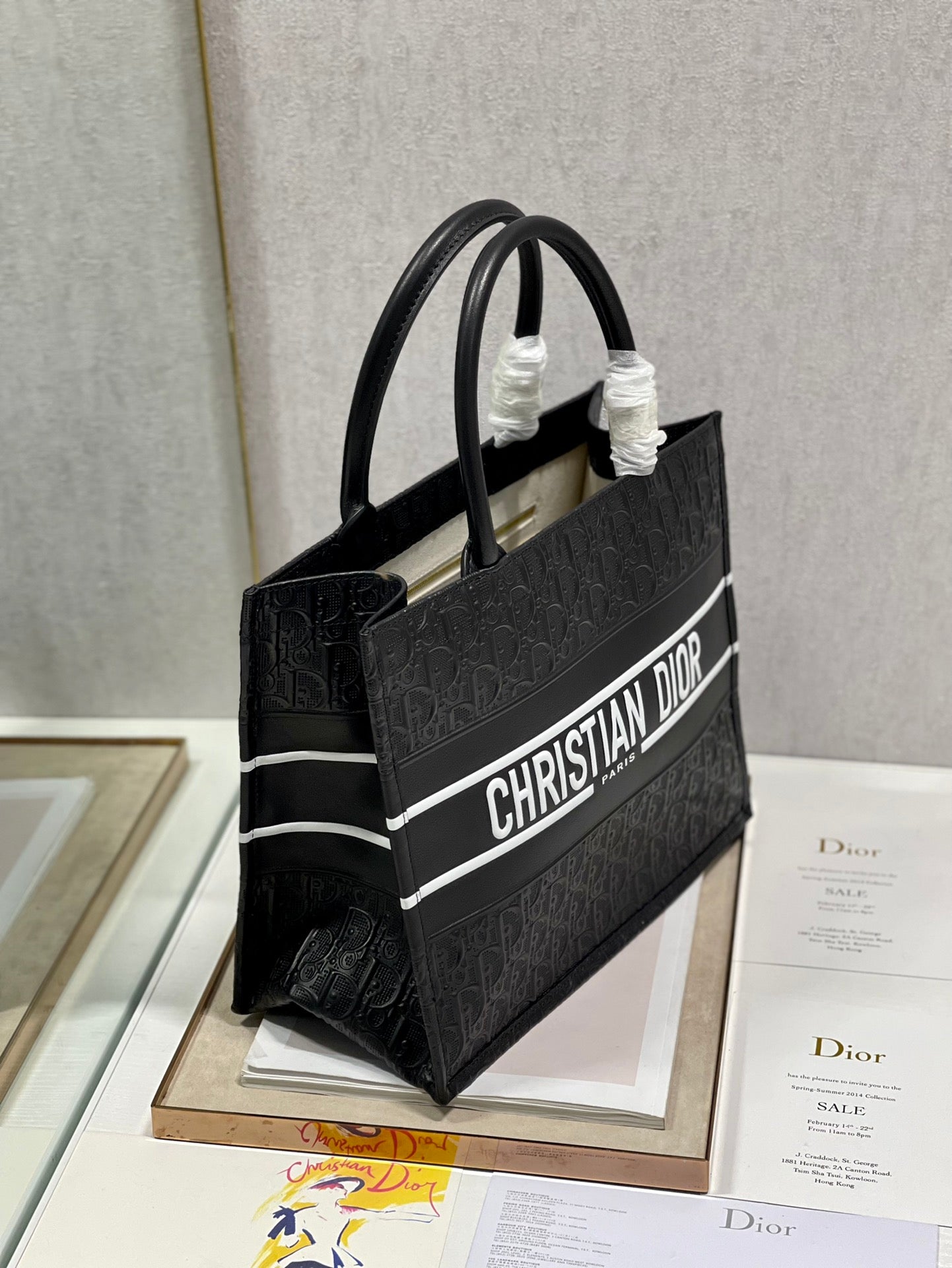 Dior Elegant Black Embossed Leather Top Handle Square Tote Bag