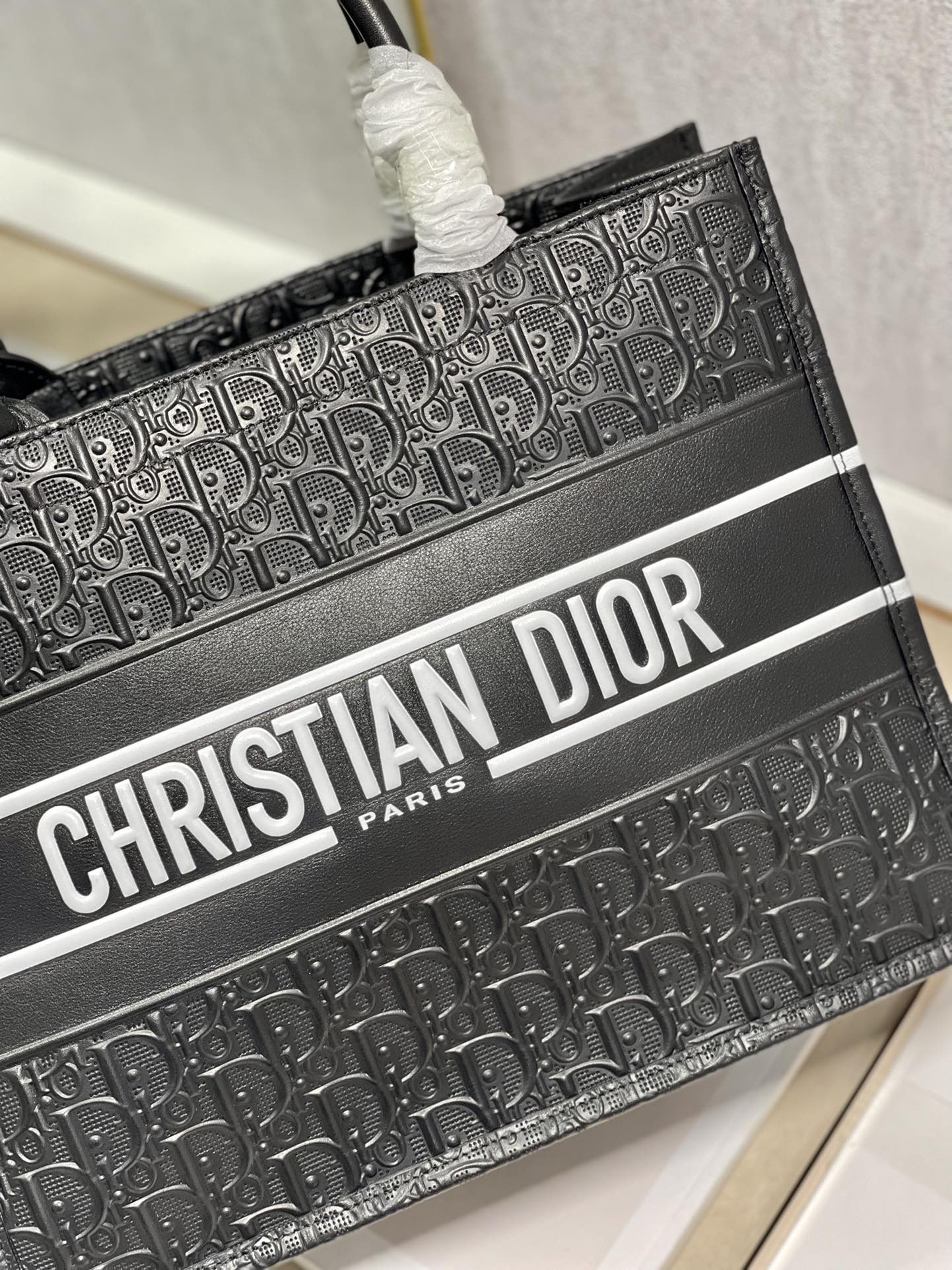 Dior Classic Black Embossed Monogram Canvas Tote Bag with Top Handles