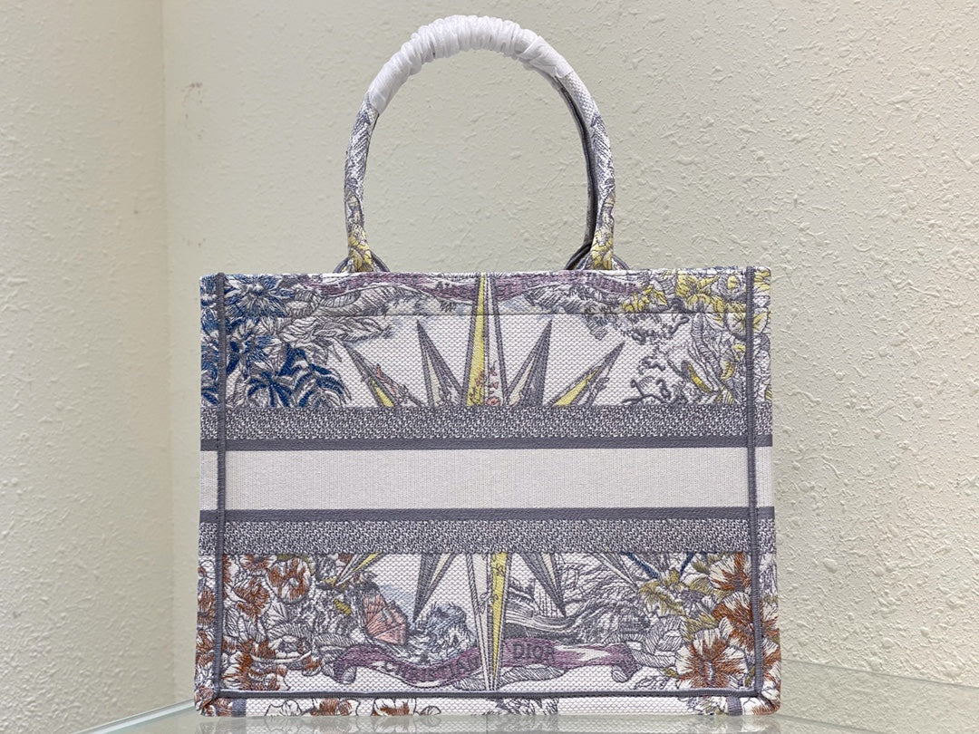 Dior Luxury Embroidered Canvas Tote Bag with Floral Star Design